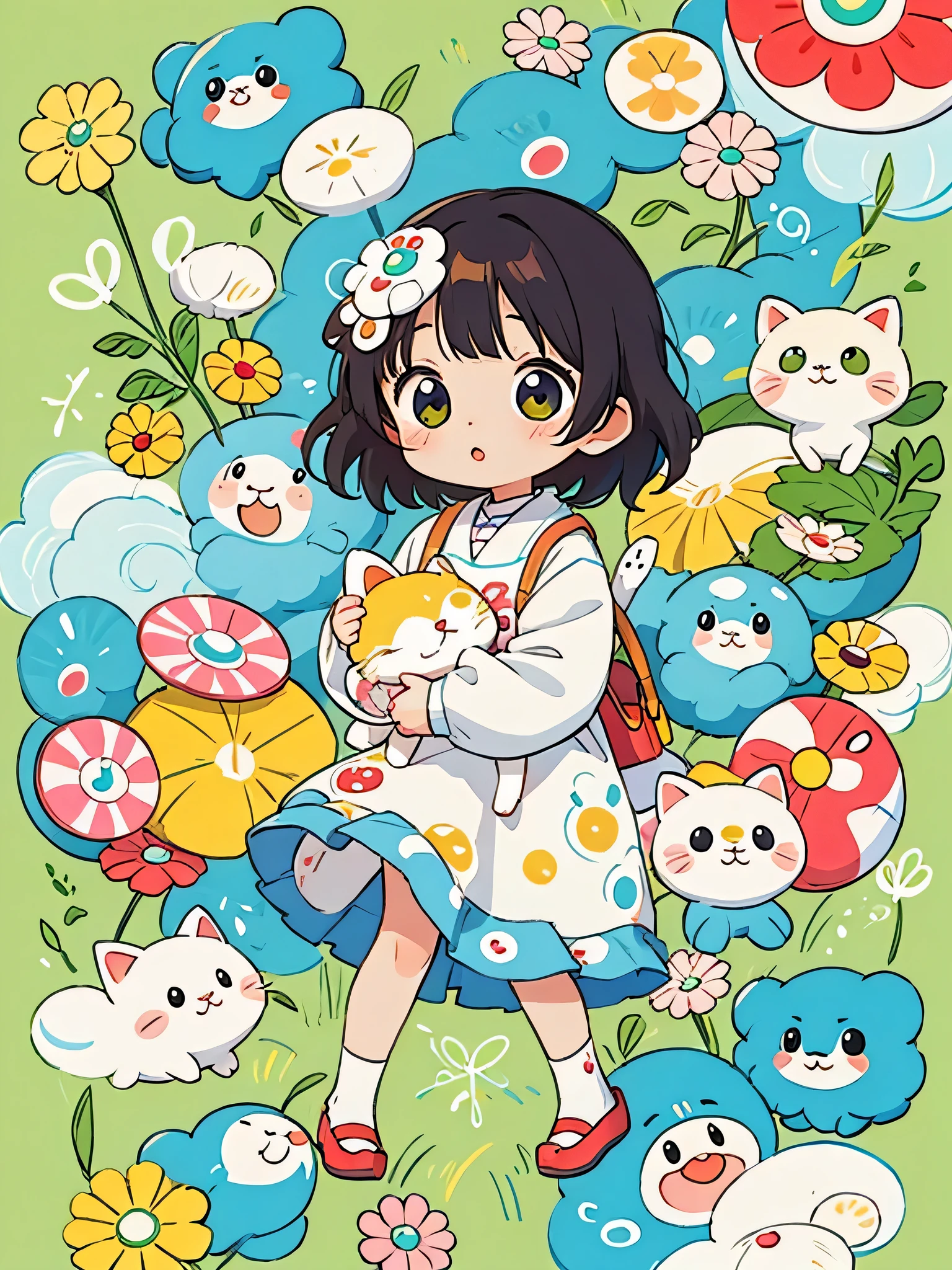 Takashi Murakami style, kawaii design, lovely kitten, Beautiful spring noon