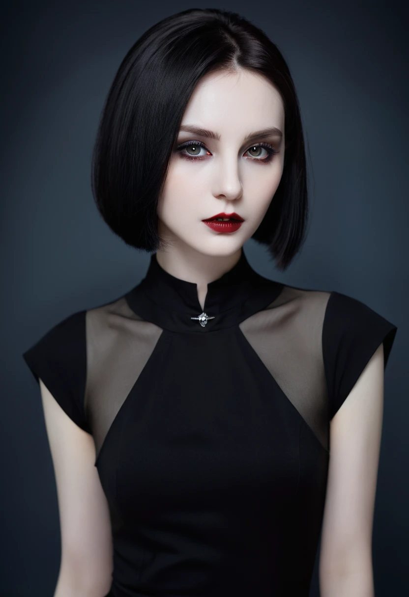 (high quality: 1.3), Lenses, masterpiece, (Clear focus: 1.5), (Reality: 1.3), Medium Portrait (A young beautiful vampire woman, Pale skin, Gothic, Still proud and fierce, Black Straight Short Bob Hairstyle, Dark, Wearing a very fine dark tunic, Dark atmosphere, Instead, it uses sharp contrasts of light and dark to create shapes.), It's night, (Very delicate skin), (Delicate face), Detailed background, Dim Lights, Dusk lighting, Volumetric Lighting, Intricate details, Ultra HD,