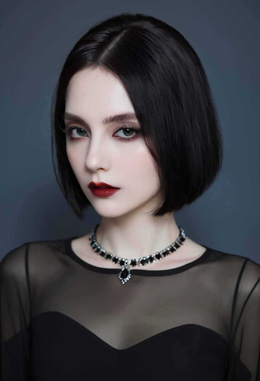 (high quality: 1.3), Lenses, masterpiece, (Clear focus: 1.5), (Reality: 1.3), Medium Portrait (A young beautiful vampire woman, Pale skin, Gothic, Still proud and fierce, Black Straight Short Bob Hairstyle, Dark, Wearing a very fine dark tunic, Dark atmosphere, Instead, it uses sharp contrasts of light and dark to create shapes.), It's night, (Very delicate skin), (Delicate face), Detailed background, Dim Lights, Dusk lighting, Volumetric Lighting, Intricate details, Ultra HD,