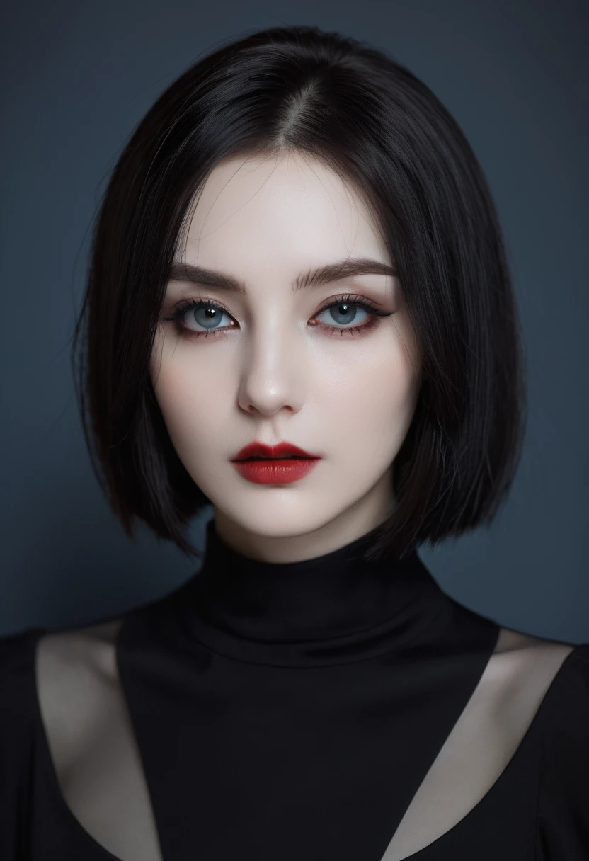 (high quality: 1.3), Lenses, masterpiece, (Clear focus: 1.5), (Reality: 1.3), Medium Portrait (A young beautiful vampire woman, Pale skin, Gothic, Still proud and fierce, Black Straight Short Bob Hairstyle, Dark, Wearing a very fine dark tunic, Dark atmosphere, Instead, it uses sharp contrasts of light and dark to create shapes.), It's night, (Very delicate skin), (Delicate face), Detailed background, Dim Lights, Dusk lighting, Volumetric Lighting, Intricate details, Ultra HD,