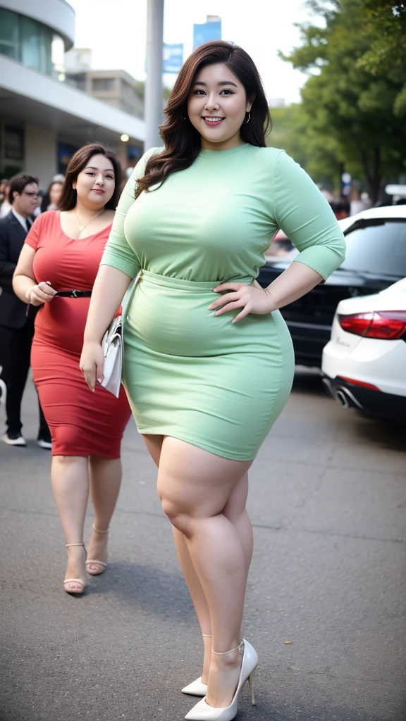 Quadruplets，Smiling fat woman  ((best quality)), ((masterpiece)), (detailed), Perfect face, Wearing a green loose sweatshirt and short skirt, The other was wearing a red loose plaid shirt and jeans, Thin waist and thick hips,  Soft curves, hyperPractical full figure, Wearing a cute top, Long legs,,thickness, Beautiful plump woman, Four curvy female targets，Clear curve details, Curvy hourglass figure, Charming plus size models, bbw酱, full image, Surface Model, Curvy body, （full-body shot）blush, 1girll fat , Golden Ratio,(White and tender skin:),High quality background, HD, Practical, HDR. pedestrian mall，Skin as white as paper，High heel，Supercar，Auto Show