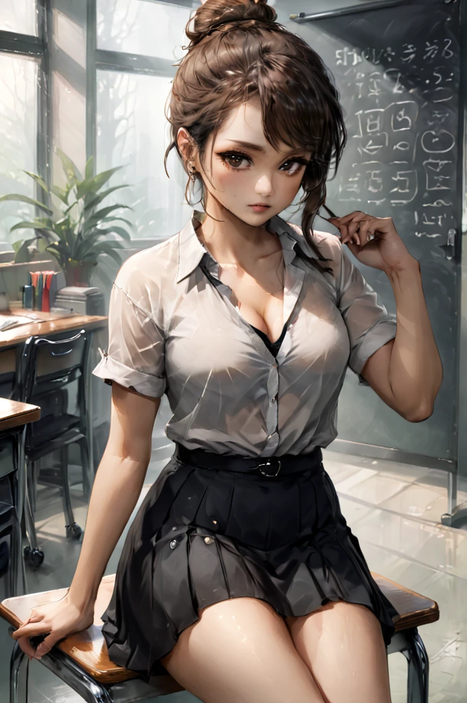 advertising poster style, (solo, full body photo:1.3), (shushing:1.3), (haze, fog, mist:1.3), chiaroscuro, AnalogRedmAF A stunning woman with messy hair, flirty, sits in a classroom, artwork on the blackboard, short black skirt, unbuttoned white blouse, messy bun, camera,highres, extremely detailed, 1woman,beautiful detailed woman,full body, realistic, light on face, cinematic lighting, perfect eyes Professional, modern, product-focused, commercial, eye-catching, highly detailed