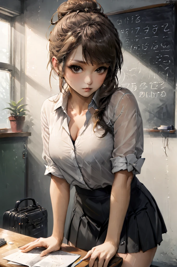 advertising poster style, (solo, full body photo:1.3), (shushing:1.3), (haze, fog, mist:1.3), chiaroscuro, AnalogRedmAF A stunning woman with messy hair, flirty, sits in a classroom, artwork on the blackboard, short black skirt, unbuttoned white blouse, messy bun, camera,highres, extremely detailed, 1woman,beautiful detailed woman,full body, realistic, light on face, cinematic lighting, perfect eyes Professional, modern, product-focused, commercial, eye-catching, highly detailed