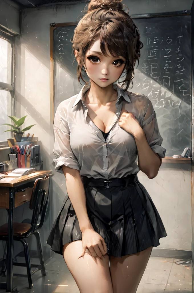 advertising poster style, (solo, full body photo:1.3), (shushing:1.3), (haze, fog, mist:1.3), chiaroscuro, AnalogRedmAF A stunning woman with messy hair, flirty, sits in a classroom, artwork on the blackboard, short black skirt, unbuttoned white blouse, messy bun, camera,highres, extremely detailed, 1woman,beautiful detailed woman,full body, realistic, light on face, cinematic lighting, perfect eyes Professional, modern, product-focused, commercial, eye-catching, highly detailed