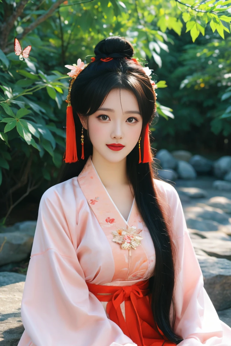 best quality, tmasterpiece,Ultra-high resolution,Clear face,（Reality：1.4），ferpect lighting，(full body photo), (photorealistic:1.50), anime wallpaper, Guviz style artwork, cover-up fantasy up to magic , by Yang J, Guviz, beautiful artwork illustration, beautiful digital artwork, beautiful digital illustration, Li Song, beautiful anime portrait, art style in Beauvot, 1girl, 独奏, yellow eyes, Double eyelids, Blush, Cheeks flushed, 24yo chinese female,
Hanfu-song, Hanfu, song theme, chinese clothes, multicolored dress, 
jewelry, flower earrings, hair ornament, necklace, hair flower, 
long hair, single hair bun, updo, hair up, 
looking at viewer, light smile, full body, sitting on rock, adjusting hair, 
flower, photo background, outdoors, butterfly, tree, peach blossom, wind, falling petals, 
 