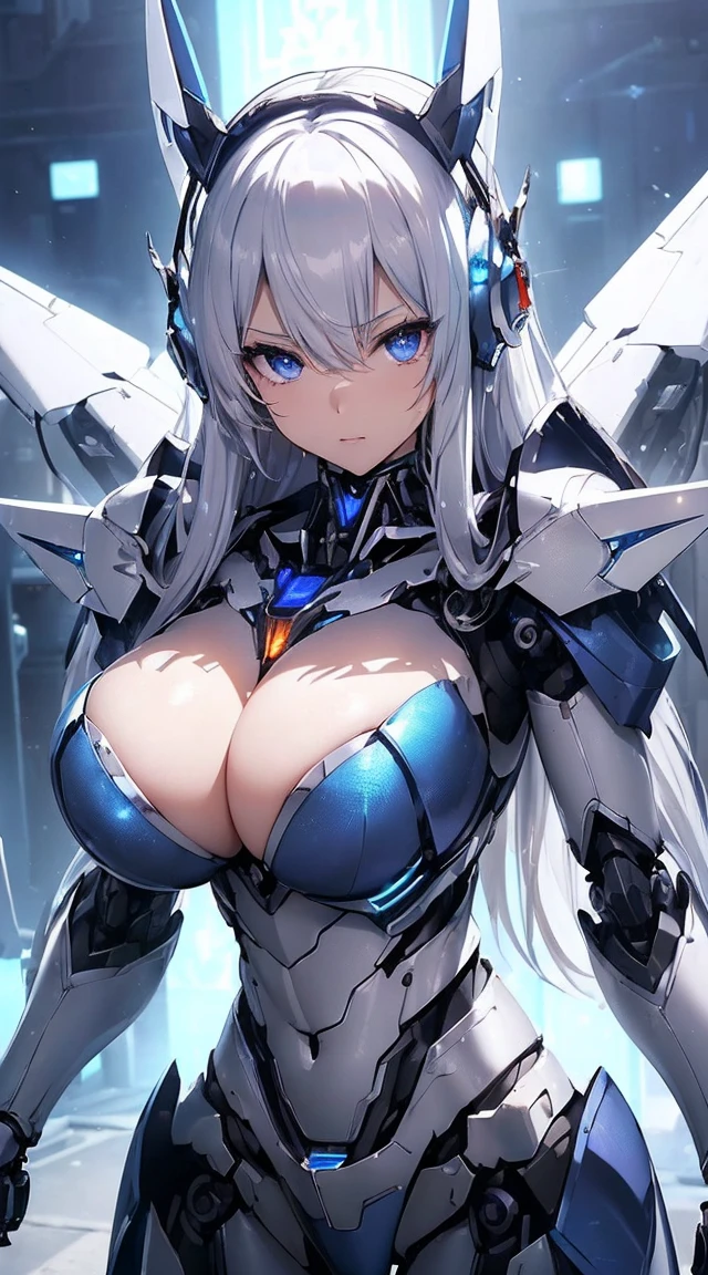((Intense action pose:1.6))、((Shining lenses on both breasts:1.3))、((Blue pillars of light are emanating from both chests.:1.3))、smile、((8K)), ((32k)), ((Highest quality)), ((masterpiece)), ((超A high resolution)), ((Tmasterpiece)), ((Halation:1.4))、((Mechaニカルheadgear:1.2))、((Cyber Headphones:1.3))、Fine skin, High quality fabric, Fine metal texture、((Beautiful and dense face))、RAW Photos、Professional, Ultra-fine painting, ((alone)), Beautiful breasts、Highest quality, Very detailed, Very detailed詳細, Finer details, so beautiful, ((Princess Knight Robot:1.2)), (Joints of machines, Mechanical Limbs:1.3), (The internal structure of the machine is exposed:1.3), (Long silver hair:1.1), (Beautiful and huge mechanical breasts)、White Veil, cowboy_shot, Side Focus, headgear, Shiny、(Five Fingers, Four fingers and thumb),Concept Art, Anime fantasy artwork, Detailed fantasy art, (with pale blue-violet hair and large white wings,,,,,,,), (((Long silver hair))), (Mecha:1.6)、Sleek and intimidating design, ((Commander-in-Chief'arm)), (Perfect robot body)、純白と青紫armまたは, Symmetrical wings, 8K high quality, detailed art, 3D rendering of character art in 8K, neat legs, Defined, Defined fingers,
