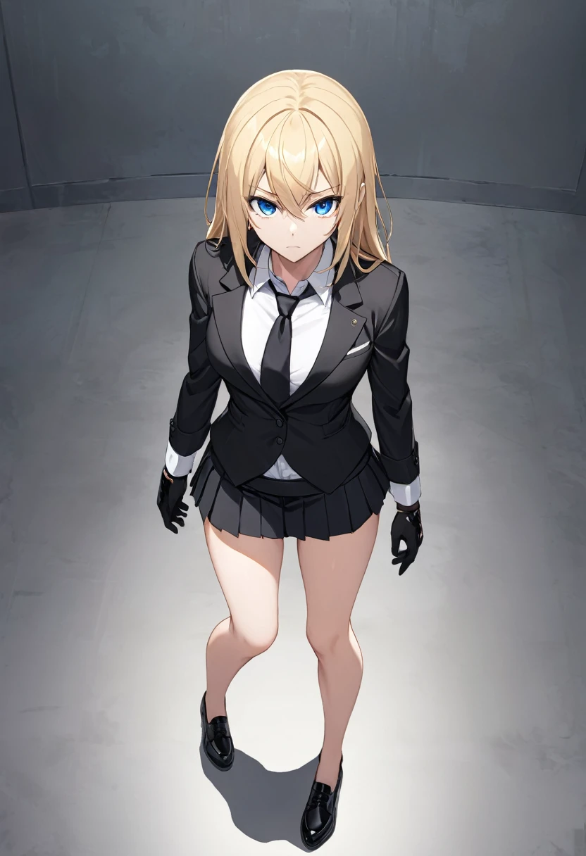 Black miniskirt , black shoes , white dress shirt , View from above , assassin , black shorts blazer , black long tie , whole body , bare legs , thighs , whole body , pleated skirt , Black gloves , standing posture , blonde hair , blue eyes , shot