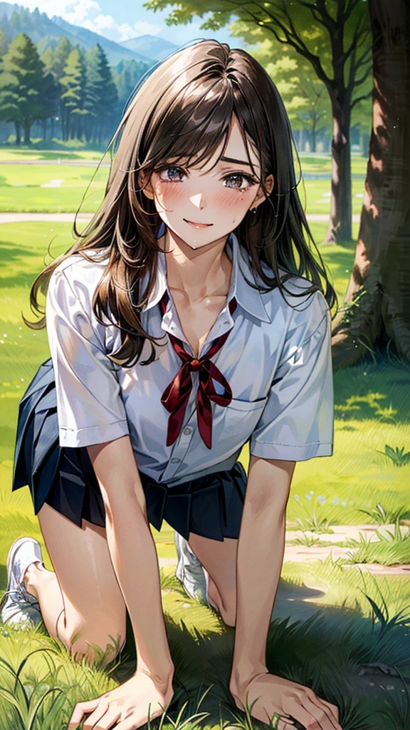 (masterpiece:1.2, top-quality, ultra high res, ultra detailed), (realistic, photorealistic:1.4), beautiful illustration, (natural side lighting, movie lighting), 
looking at viewer, (face focus, upper body), 1 girl, japanese, high school dirl, perfect face, (perfect anatomy), cute and symmetrical face, baby face, shiny skin, slender
(long hair:1.5, straight hair:1.2, sark brown hair), parted bangs, grey eyes, long eye lasher, (medium breasts), 
beautiful hair, beautiful face, beautiful detailed eyes, beautiful clavicle, beautiful body, beautiful chest, beautiful thigh, beautiful legs, 
((detailed cloth texture, short sleeve white collared shirts, navy blue pleated mini skirt, red neck ribbon), , , 
(beautiful scenery), hands on chest, (lovely smile, upper eyes), 

In a grassy field, a girl is on all fours, and a big dog is behind her, grabbing her waist with its paws and holding her close to the lower half of her body.
Her face is bright red and flushed, her mouth is open, and she looks like she is about to cry.
She is wearing a very short skirt.
