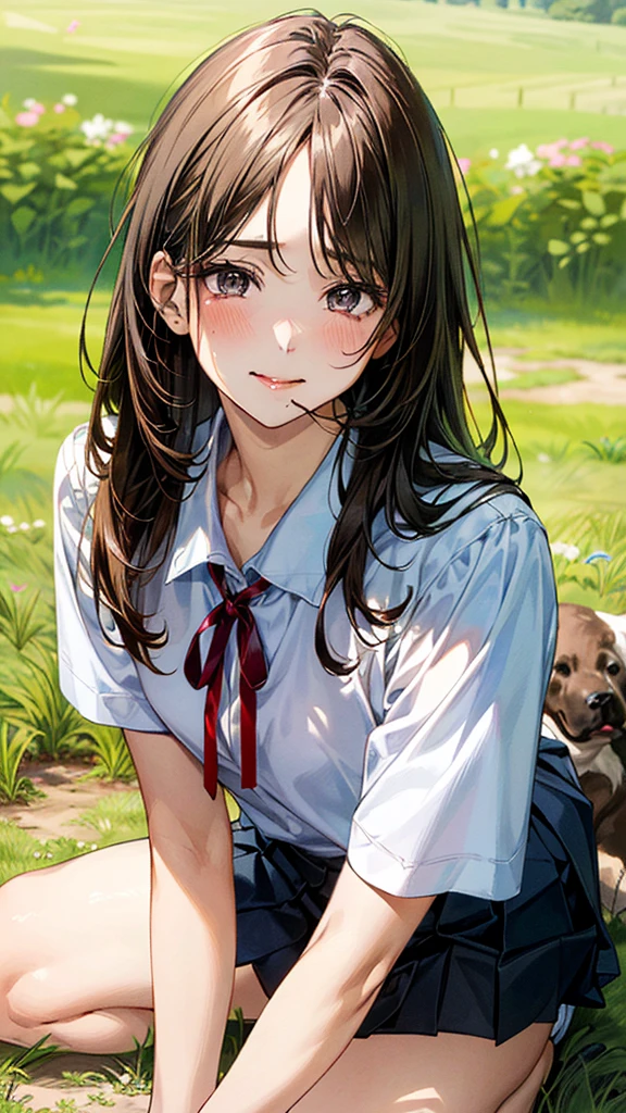 (masterpiece:1.2, top-quality, ultra high res, ultra detailed), (realistic, photorealistic:1.4), beautiful illustration, (natural side lighting, movie lighting), 
looking at viewer, (face focus, upper body), 1 girl, japanese, high school dirl, perfect face, (perfect anatomy), cute and symmetrical face, , shiny skin, slender
(long hair:1.5, straight hair:1.2, sark brown hair), parted bangs, grey eyes, long eye lasher, (medium breasts), 
beautiful hair, beautiful face, beautiful detailed eyes, beautiful clavicle, beautiful body, beautiful chest, beautiful thigh, beautiful legs, 
((detailed cloth texture, short sleeve white collared shirts, navy blue pleated mini skirt, red neck ribbon), , , 
(beautiful scenery), hands on chest, (lovely smile, upper eyes), 

In a grassy field, a girl is on all fours, and a big dog is behind her, grabbing her waist with its paws and holding her close to the lower half of her body.
Her face is bright red and flushed, her mouth is open, and she looks like she is about to cry.
She is wearing a very short skirt.