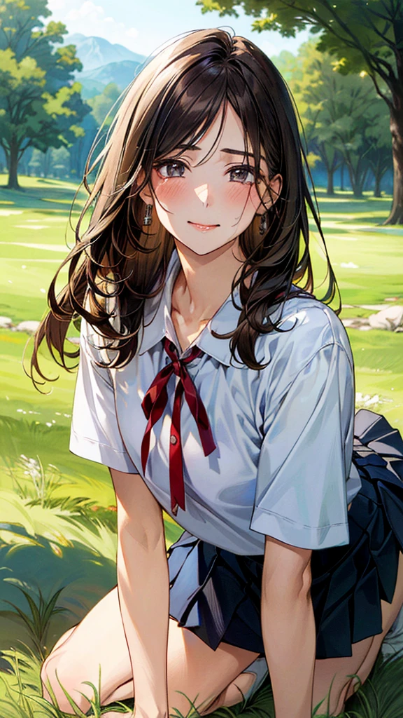 (masterpiece:1.2, top-quality, ultra high res, ultra detailed), (realistic, photorealistic:1.4), beautiful illustration, (natural side lighting, movie lighting), 
looking at viewer, (face focus, upper body), 1 girl, japanese, high school dirl, perfect face, (perfect anatomy), cute and symmetrical face, baby face, shiny skin, slender
(long hair:1.5, straight hair:1.2, sark brown hair), parted bangs, grey eyes, long eye lasher, (medium breasts), 
beautiful hair, beautiful face, beautiful detailed eyes, beautiful clavicle, beautiful body, beautiful chest, beautiful thigh, beautiful legs, 
((detailed cloth texture, short sleeve white collared shirts, navy blue pleated mini skirt, red neck ribbon), , , 
(beautiful scenery), hands on chest, (lovely smile, upper eyes), 

In a grassy field, a girl is on all fours, and a big dog is behind her, grabbing her waist with its paws and holding her close to the lower half of her body.
Her face is bright red and flushed, her mouth is open, and she looks like she is about to cry.
She is wearing a very short skirt.