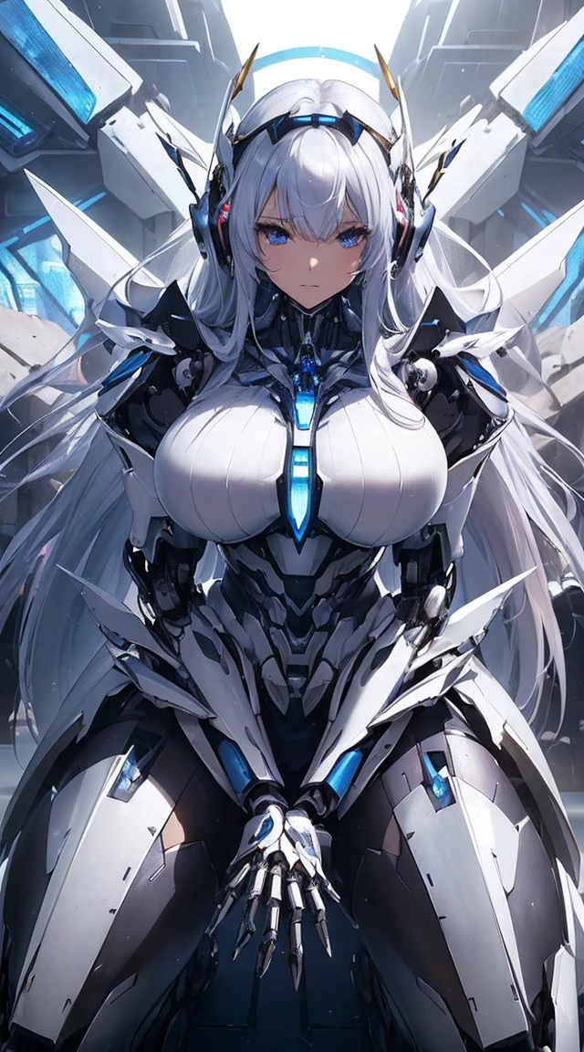(Sit on one knee on the machine:1.6)、(Full body description:1.3)、((Shining lenses on both breasts:1.3))、((Blue pillars of light are emanating from both chests.:1.3))、smile、((8K)), ((32k)), ((Highest quality)), ((masterpiece)), ((超A high resolution)), ((Tmasterpiece)), ((Halation:1.4))、((Mechaニカルheadgear:1.2))、((Cyber Headphones:1.3))、Fine skin, High quality fabric, Fine metal texture、((Beautiful and dense face))、RAW Photos、Professional, Ultra-fine painting, ((alone)), Beautiful breasts、Highest quality, Very detailed, Very detailed詳細, Finer details, so beautiful, ((Princess Knight Robot:1.2)), (Joints of machines, Mechanical Limbs:1.3), (The internal structure of the machine is exposed:1.3), (Long silver hair:1.1), (Beautiful and huge mechanical breasts)、White Veil, cowboy_shot, Side Focus, headgear, Shiny、(Five Fingers, Four fingers and thumb),Concept Art, Anime fantasy artwork, Detailed fantasy art, (with pale blue-violet hair and large white wings,,,,,,,), (((Long silver hair))), (Mecha:1.6)、Sleek and intimidating design, ((Commander-in-Chief'arm)), (Perfect robot body)、純白と青紫armまたは, Symmetrical wings, 8K high quality, detailed art, 3D rendering of character art in 8K, neat legs, Defined, Defined fingers,