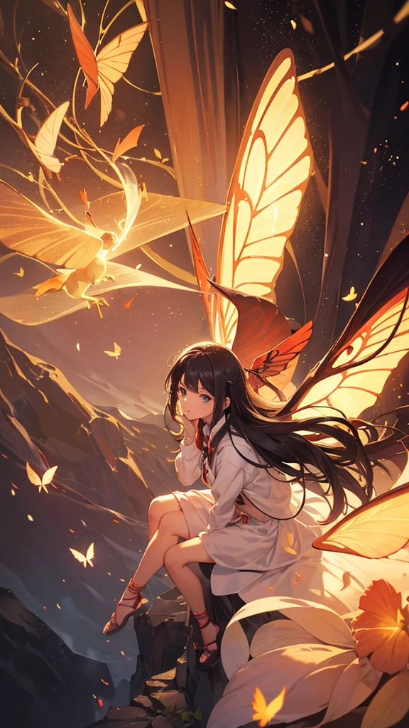 A girl suffering in a fire prison with fire butterflies flying around her, in boredom she is really sad and she’s trying to get out