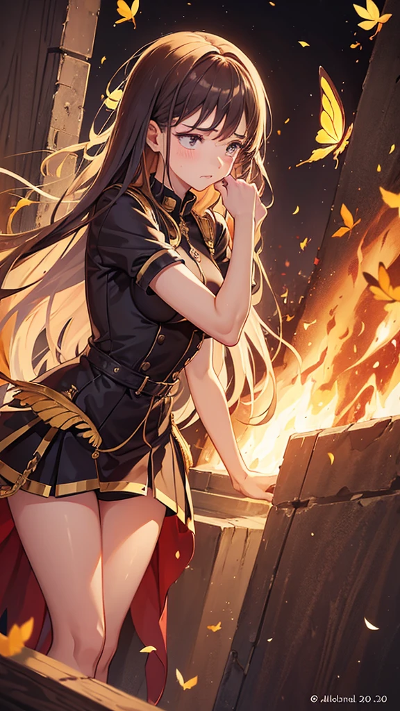 A girl suffering in a fire prison with fire butterflies flying around her, in boredom she is really sad and she’s trying to get out