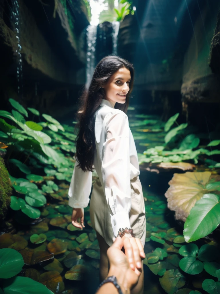 bf_holding_hands, walking in waterfall in dense jungle, rainbow,
detailed,8k, detailed shadow, 1 botomless girl, long hair, black hair, white transparent shirt, jewelry ,(masterpiece,best quality),