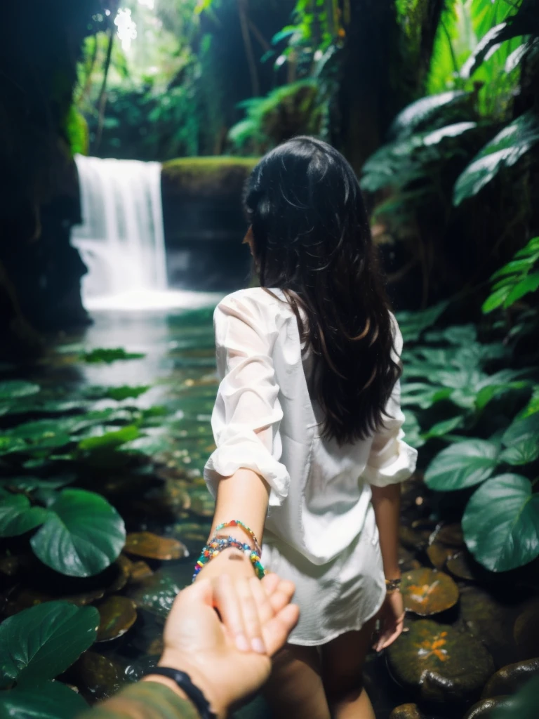 bf_holding_hands, walking in waterfall in dense jungle, rainbow,
detailed,8k, detailed shadow, 1 botomless girl, long hair, black hair, white transparent shirt, jewelry ,(masterpiece,best quality),