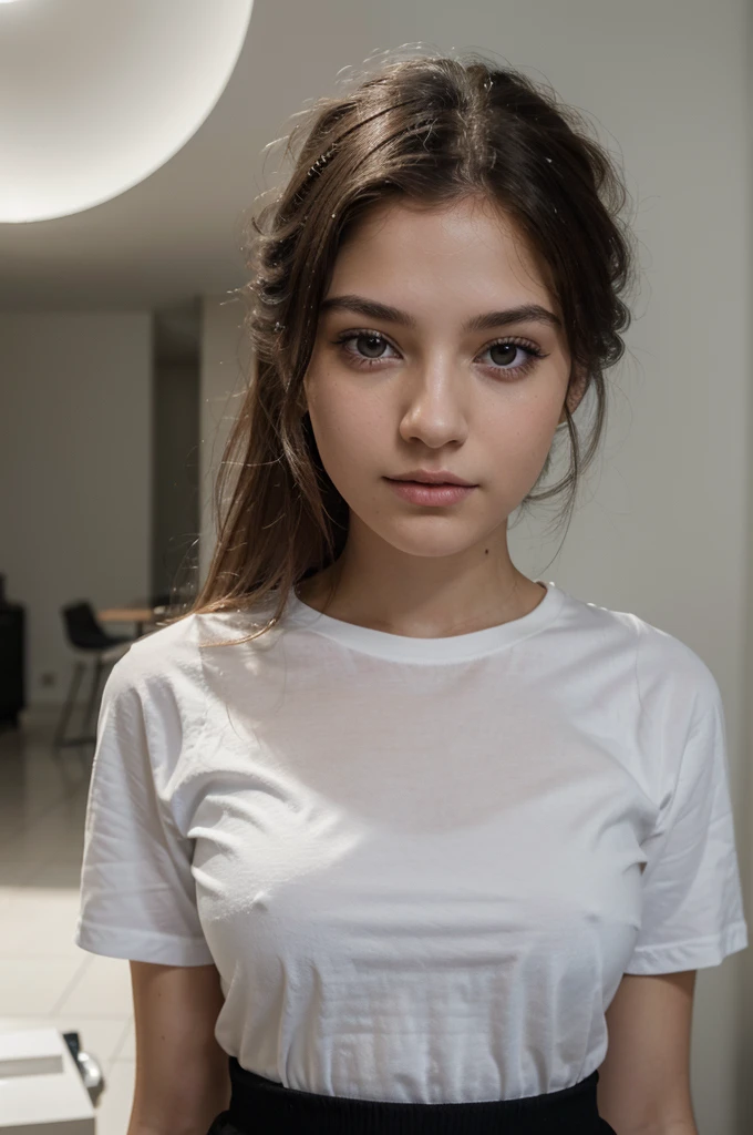 Young girl of European descent, 22, looks away from the camera, wearing a white T-shirt and black shorts . the frame shows her in full height, face with detailed features: Beautiful eyes, thin nose, juicy lips, long eyelashes and detailed hairstyle. The lighting is soft,  Photorealism, 8K resolution, High-level granularity. digital art, masterpiece. Full length photo 