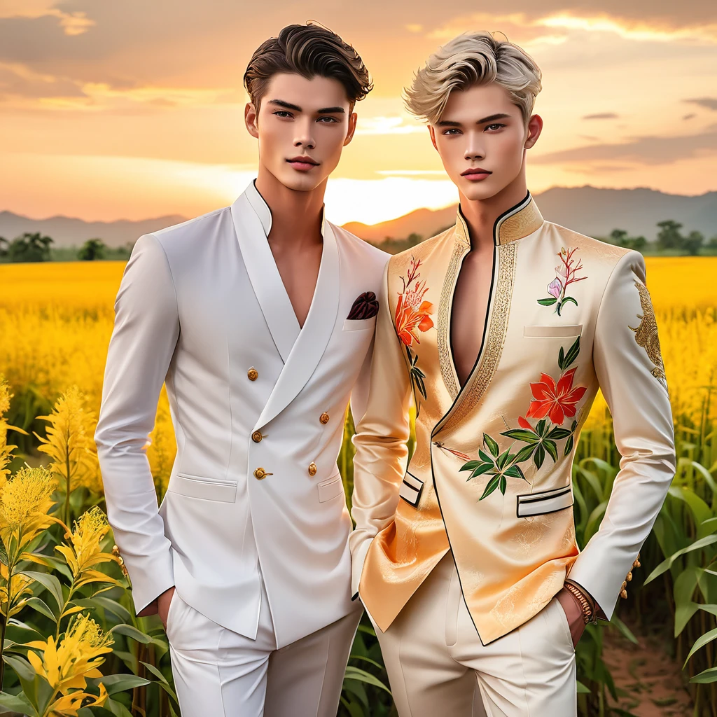 candid fashion illustration of 2man, a charming 24 year-old male supermodel, reminiscent of a mixed between Sean O’Pry and Lucky Blue Smith, graces the scene with his magnetic presence alongside his boyfriend, short blonde hair, complementing his toned pectorals and slender physique, Set against the backdrop of a breathtaking sunset at countryside, Chiangmai, rice farm, wild flower, ((showcase fashion in cotton handwoven North Thai traditional outfits)), simple elegant style, a simple long-sleeved white mandarin collar suit, paired with Tailor pants, semi bulge. The boyfriend in elegant crafted North Thai traditional clothes with minimal embroidery details, Together they create a dynamic and compelling composition, Captured by ((imperfect water color drawing)), fashion look book, fashion illustrator, fashion sketch design, gay, gay couple, the image boasts high-quality, Lanna, North Thai traditional costume.