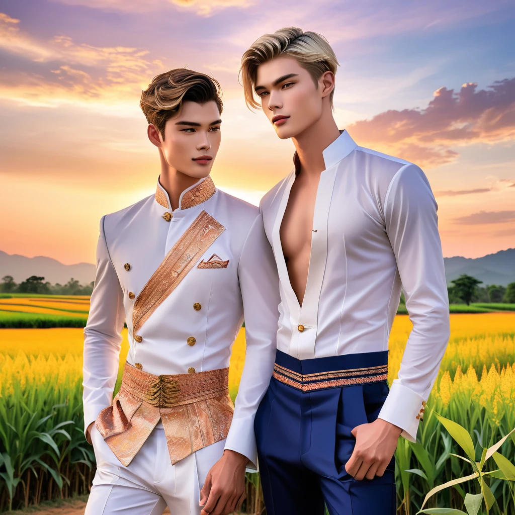 candid fashion illustration of 2man, a charming 24 year-old male supermodel, reminiscent of a mixed between Sean O’Pry and Lucky Blue Smith, graces the scene with his magnetic presence alongside his boyfriend, short blonde hair, complementing his toned pectorals and slender physique, Set against the backdrop of a breathtaking sunset at countryside, Chiangmai, rice farm, wild flower, ((showcase fashion in cotton handwoven North Thai traditional outfits)), simple elegant style, a simple long-sleeved white mandarin collar suit, paired with Tailor pants, semi bulge. The boyfriend in elegant crafted North Thai traditional clothes with minimal embroidery details, Together they create a dynamic and compelling composition, Captured by ((imperfect water color drawing)), fashion look book, fashion illustrator, fashion sketch design, gay, gay couple, the image boasts high-quality, Lanna, North Thai traditional costume.