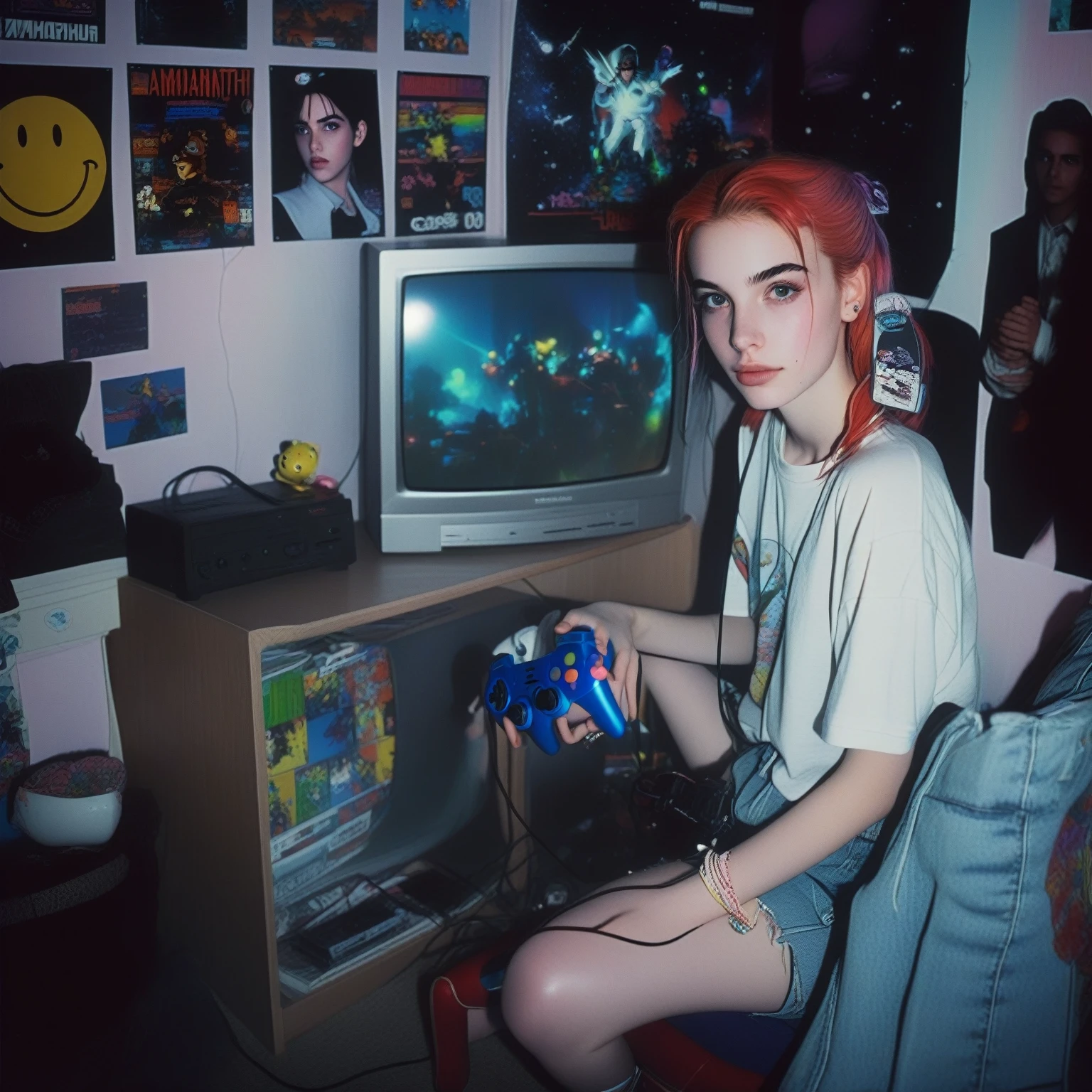 there is a woman sitting in front of a television playing a video game, young beautiful amouranth, gamer aesthetic, 90's aesthetic, 90s aesthetic, 9 0 s aesthetic, 90s style, 90's color photo, early 90s cg, 9 0 s bedroom, 90's photos, 90’s photography, 9 0 s vibe
