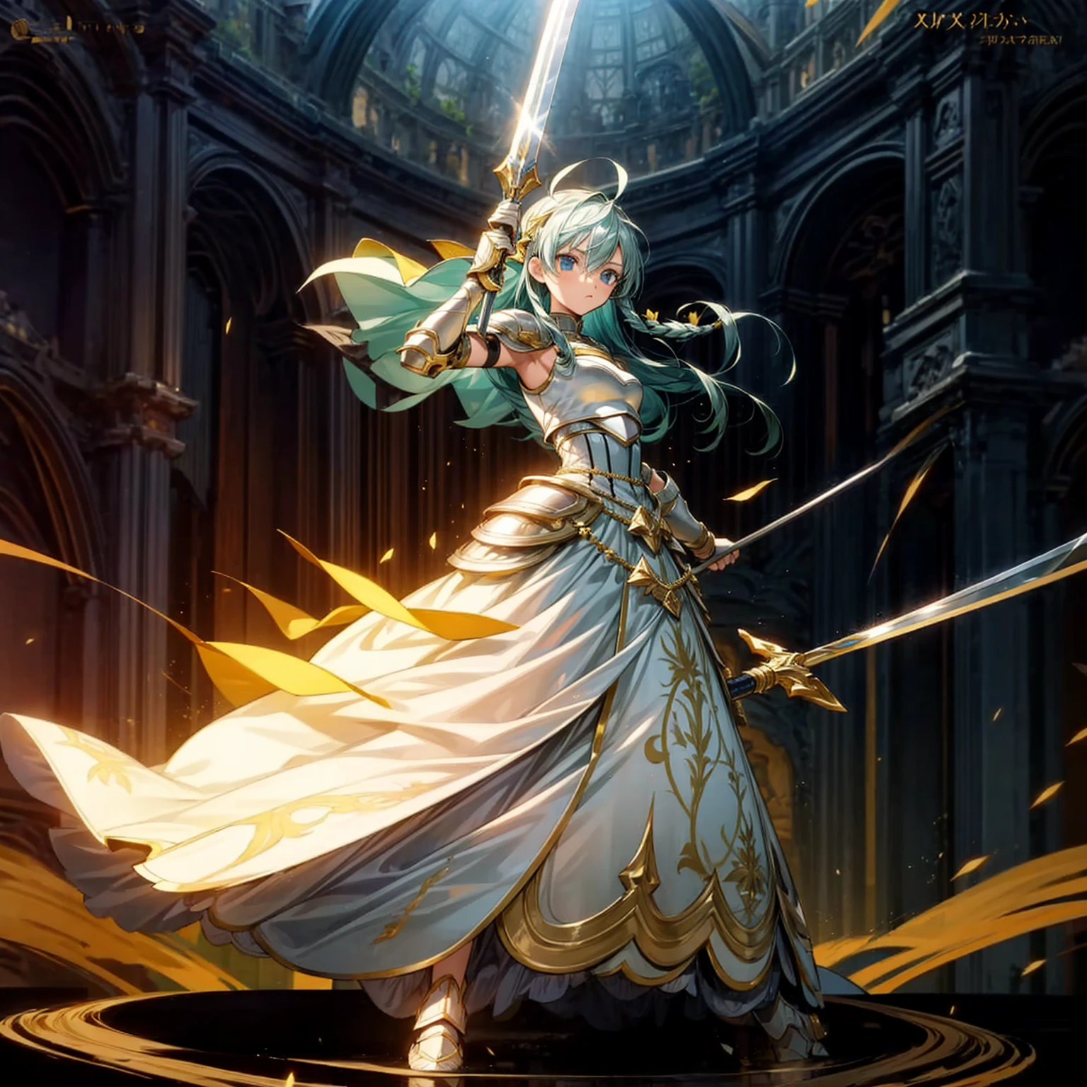 1girl, Full body version, 1character,  version, blue eyes color, long haircut, white and yellow colour hair, formal style clothing, medieval gold armour, one gold sword in hand, Grassroots, background in green field, motion blur, battle gesture, lighting sword, smoke, fire lighting, fire, masterpiece,  (Hunter x Hunter style)