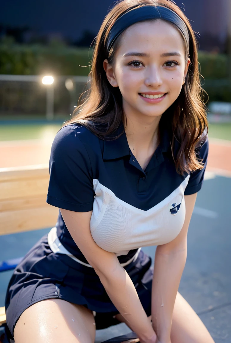 (((neat woman,kneeling on the bench,flip own uniform,pussy juice:1.8))), (shy:1.4),(embarrassed:1.4),(ashamed:1.4),(((kind little smile:1.8,kind little smile,blush:1.8,deep cheek:1.8))),((((blush,red cheek))),(cinematic lighting), (Photo real:1.4)、(A hyper-realistic:1.4)、(Photorealistic:1.3)、 (gentle lighting: 1.05)、(Improve the lighting quality of your video:0.9)、 32k、25years old woman、photorealistic lighting、Back lighting、Facial Lights、Ray Trace、(bright:1.2)、(Increase quality:1.4)、 (best quality real texture skin)、Fair eyes,delicate face、 Close-up of the face, ((((Wearing the navy tennis uniform))),(((sweat,all navy uniform))), high-neck:1.4,mini skirt,high-heel))),(Bodyline mood improvement:1.1)、Glossy skin、good figure,perfect anatomy,Beautiful actress,(((beautiful huge breasts,slender waist,slender hip,long slender legs,8heads tall))),(((8heads tall))),(((wavy hair,bangs,hairband))),(((sweat skin,shiny skin,in the beautiful modern night pool,super clean night view,in the night))),