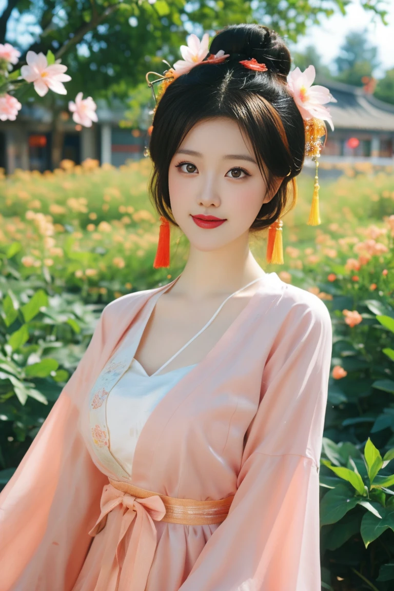 best quality, tmasterpiece,Ultra-high resolution,Clear face,(Reality:1.4),ferpect lighting,(full body photo), (photorealistic:1.50), anime wallpaper, Guviz style artwork, cover-up fantasy up to magic , by Yang J, Guviz, beautiful artwork illustration, beautiful digital artwork, beautiful digital illustration, Li Song, beautiful anime portrait, art style in Beauvot, 1girl, 独奏, yellow eyes, Double eyelids, Blush, Cheeks flushed, 24yo chinese female,
Hanfu-song, Hanfu, song theme, chinese clothes, multicolored dress,
jewelry, flower earrings, hair ornament, necklace, hair flower,
long hair, single hair bun, updo, hair up,
looking at viewer, light smile, full body, adjusting hair,
flower, photo background, outdoors, butterfly, tree, peach blossom, wind, falling petals, standing,