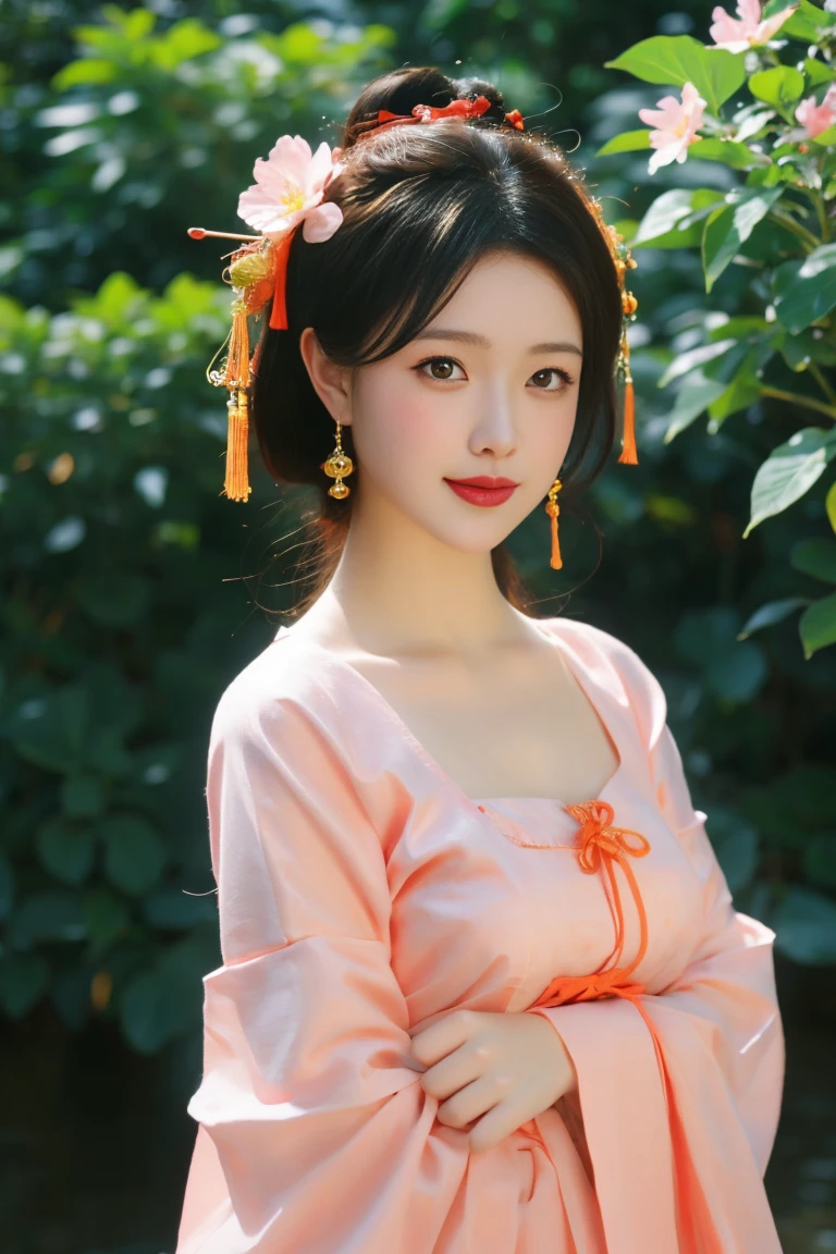 best quality, tmasterpiece,Ultra-high resolution,Clear face,(Reality:1.4),ferpect lighting,(full body photo), (photorealistic:1.50), anime wallpaper, Guviz style artwork, cover-up fantasy up to magic , by Yang J, Guviz, beautiful artwork illustration, beautiful digital artwork, beautiful digital illustration, Li Song, beautiful anime portrait, art style in Beauvot, 1girl, 独奏, yellow eyes, Double eyelids, Blush, Cheeks flushed, 24yo chinese female,
Hanfu-song, Hanfu, song theme, chinese clothes, multicolored dress,
jewelry, flower earrings, hair ornament, necklace, hair flower,
long hair, single hair bun, updo, hair up,
looking at viewer, light smile, full body, adjusting hair,
flower, photo background, outdoors, butterfly, tree, peach blossom, wind, falling petals, standing,