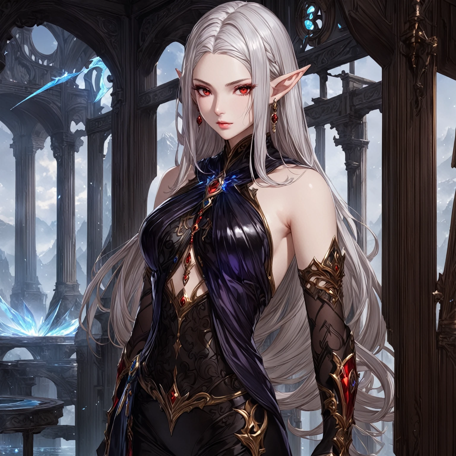 masterpiece, best quality, Fantasy aesthetics, Highly detailed, shadowverse style. female, elf, red eyes