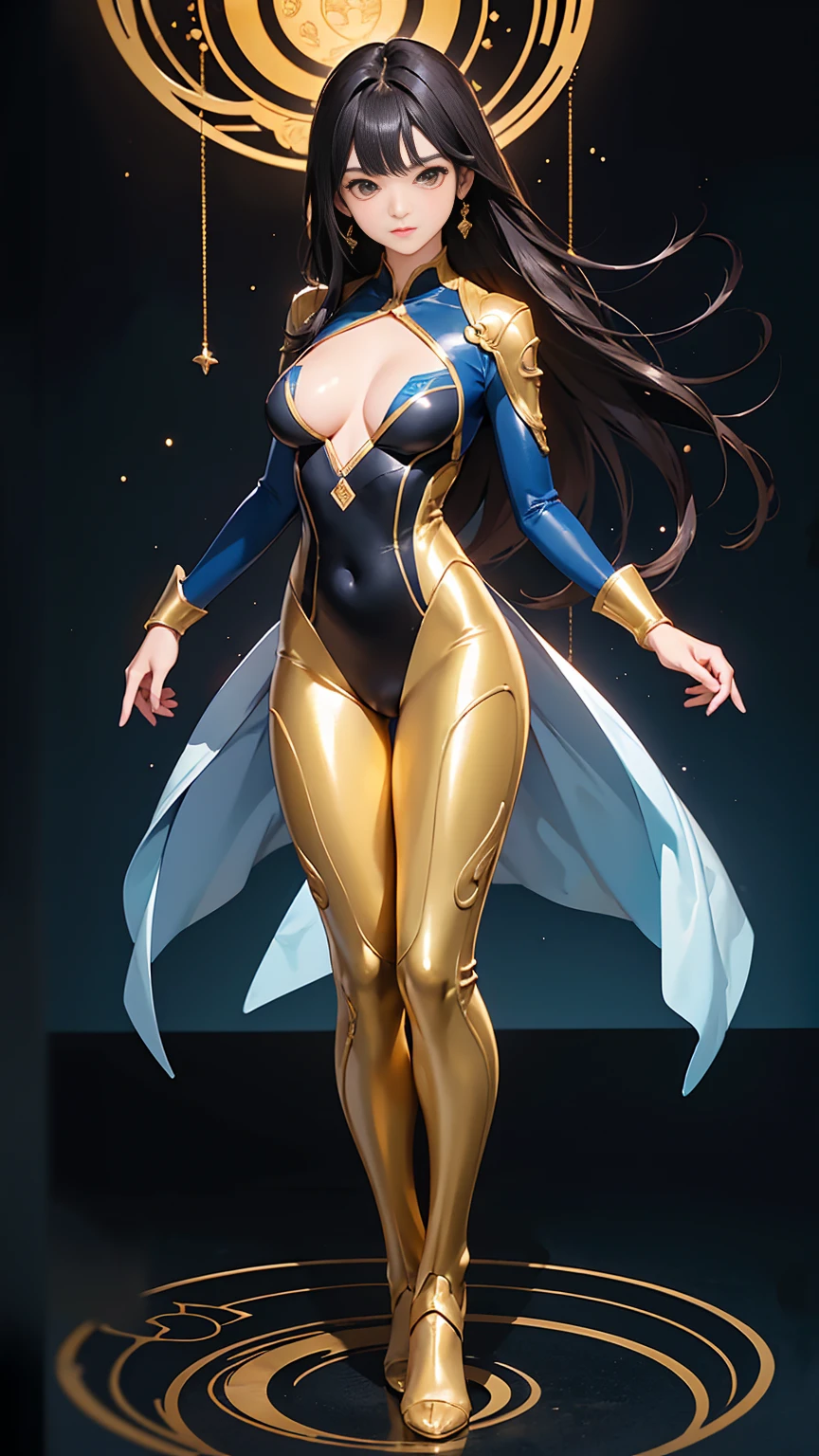 ((Full body photo, standing, feet on the floor)) highest quality、Realistic、female、Japanese、zoom、cute、Brown eyes、Black Hair、long hair、Blue hero suit、Gold accents on suits、Shiny bodysuit、Ocean