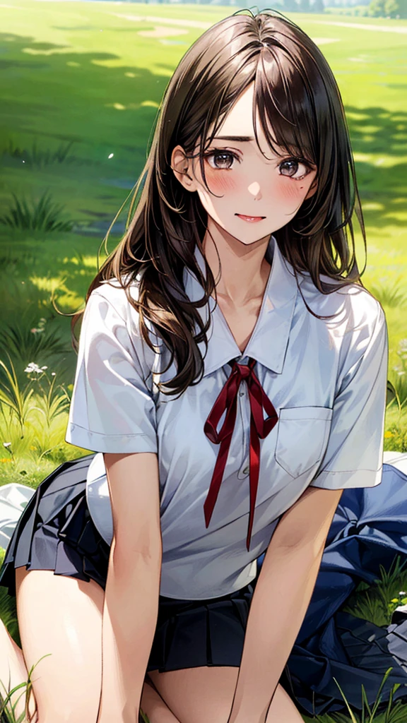 (masterpiece:1.2, top-quality, ultra high res, ultra detailed), (realistic, photorealistic:1.4), beautiful illustration, (natural side lighting, movie lighting),
looking at viewer, (face focus, upper body), 1 girl, japanese, high school dirl, perfect face, (perfect anatomy), cute and symmetrical face, baby face, shiny skin, slender
(long hair:1.5, straight hair:1.2, sark brown hair), parted bangs, grey eyes, long eye lasher, (medium breasts),
beautiful hair, beautiful face, beautiful detailed eyes, beautiful clavicle, beautiful body, beautiful chest, beautiful thigh, beautiful legs,
((detailed cloth texture, short sleeve white collared shirts, navy blue pleated mini skirt, red neck ribbon), , ,
(beautiful scenery), hands on chest, (lovely smile, upper eyes),
In a grassy field, a girl is on all fours, and a big dog is behind her, grabbing her waist with its paws and holding her close to the lower half of her body.
Her face is bright red and flushed, her mouth is open, and she looks like she is about to cry.
She is wearing a very short skirt.