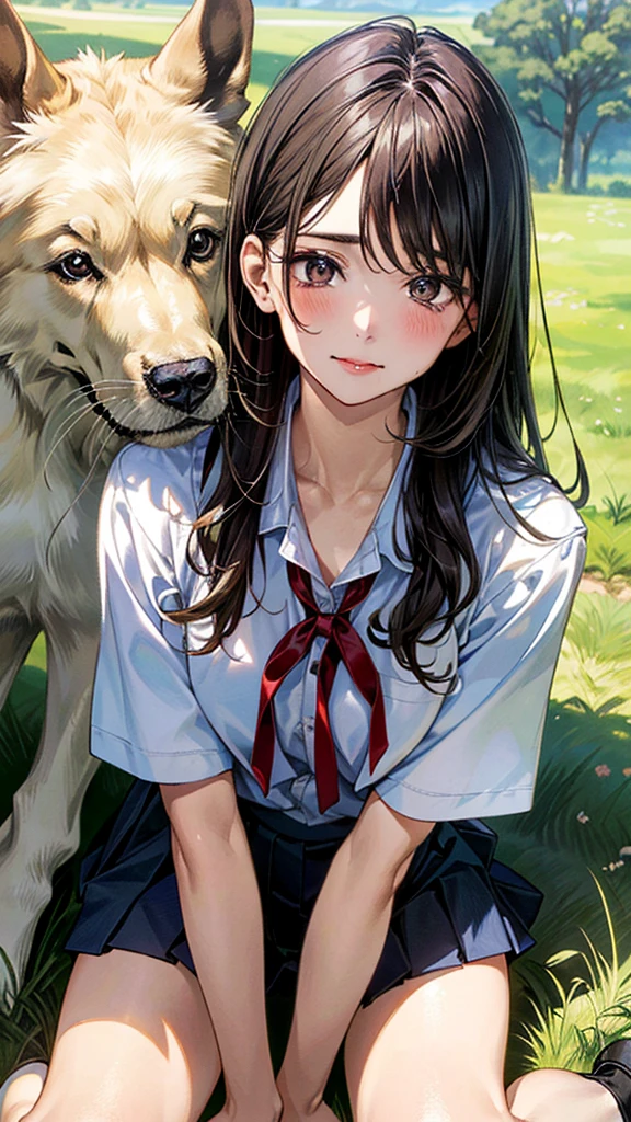 (masterpiece:1.2, top-quality, ultra high res, ultra detailed), (realistic, photorealistic:1.4), beautiful illustration, (natural side lighting, movie lighting),
looking at viewer, (face focus, upper body), 1 girl, japanese, high school dirl, perfect face, (perfect anatomy), cute and symmetrical face, baby face, shiny skin, slender
(long hair:1.5, straight hair:1.2, sark brown hair), parted bangs, grey eyes, long eye lasher, (medium breasts),
beautiful hair, beautiful face, beautiful detailed eyes, beautiful clavicle, beautiful body, beautiful chest, beautiful thigh, beautiful legs,
((detailed cloth texture, short sleeve white collared shirts, navy blue pleated mini skirt, red neck ribbon), , ,
(beautiful scenery), hands on chest, (lovely smile, upper eyes),
In a grassy field, a girl is on all fours, and a big dog is behind her, grabbing her waist with its paws and holding her close to the lower half of her body.
Her face is bright red and flushed, her mouth is open, and she looks like she is about to cry.
She is wearing a very short skirt.