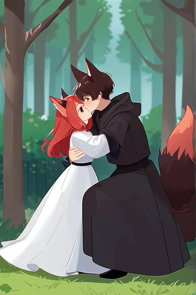 ((Лучшее качество)), ((шедевр)), (подробный), 1 guy, 1 girl, guy, short dark hair, brown eyes, black hooded robe, hood on head, black gloves, girl, long voluminous hair, red hair, fox ears, fox tail, white dress, background forest, grass, trees , hug, kiss