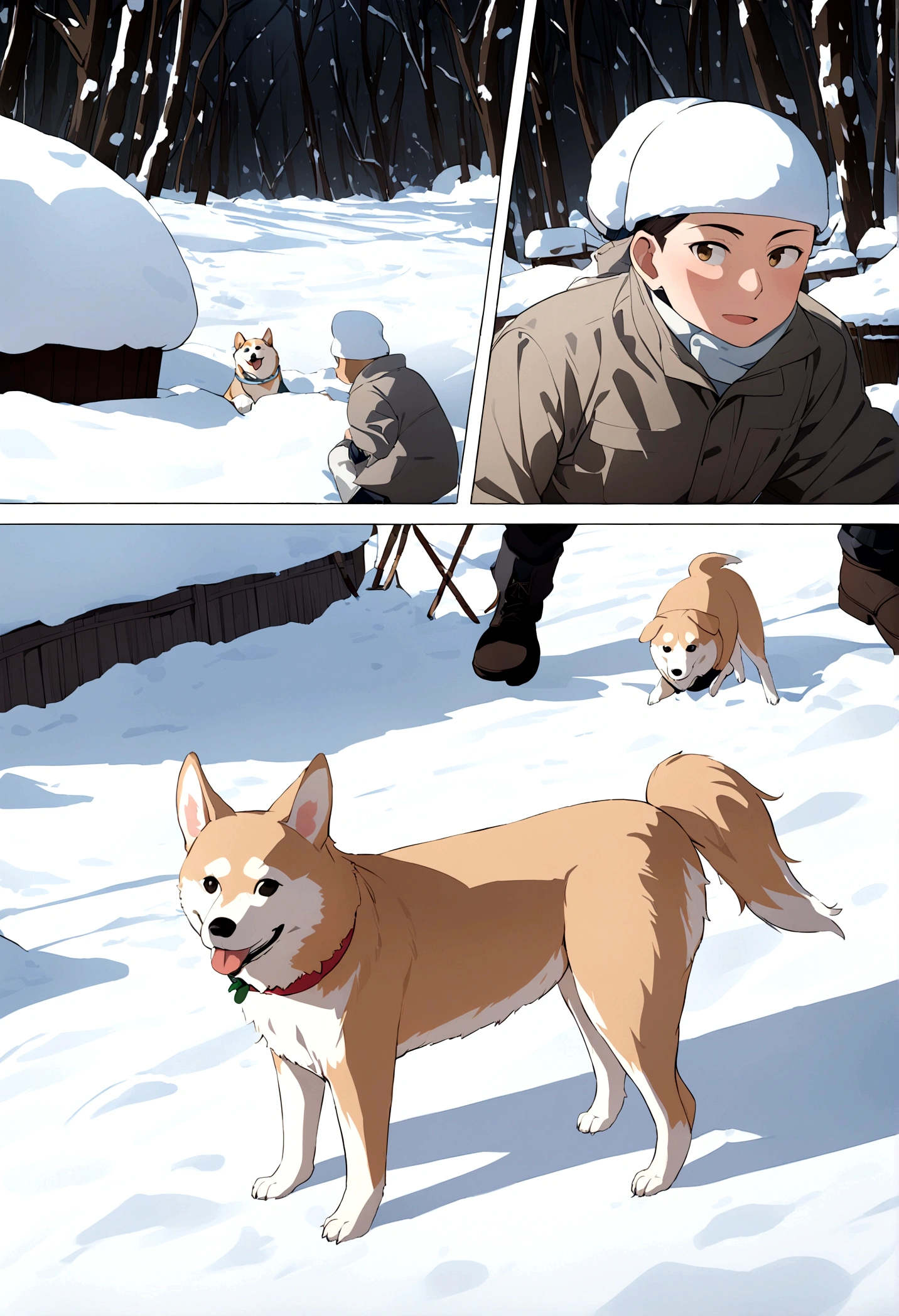 8K photos , siberian dog ,black , snow place ,1 man ,The dog serves as a deliverer.