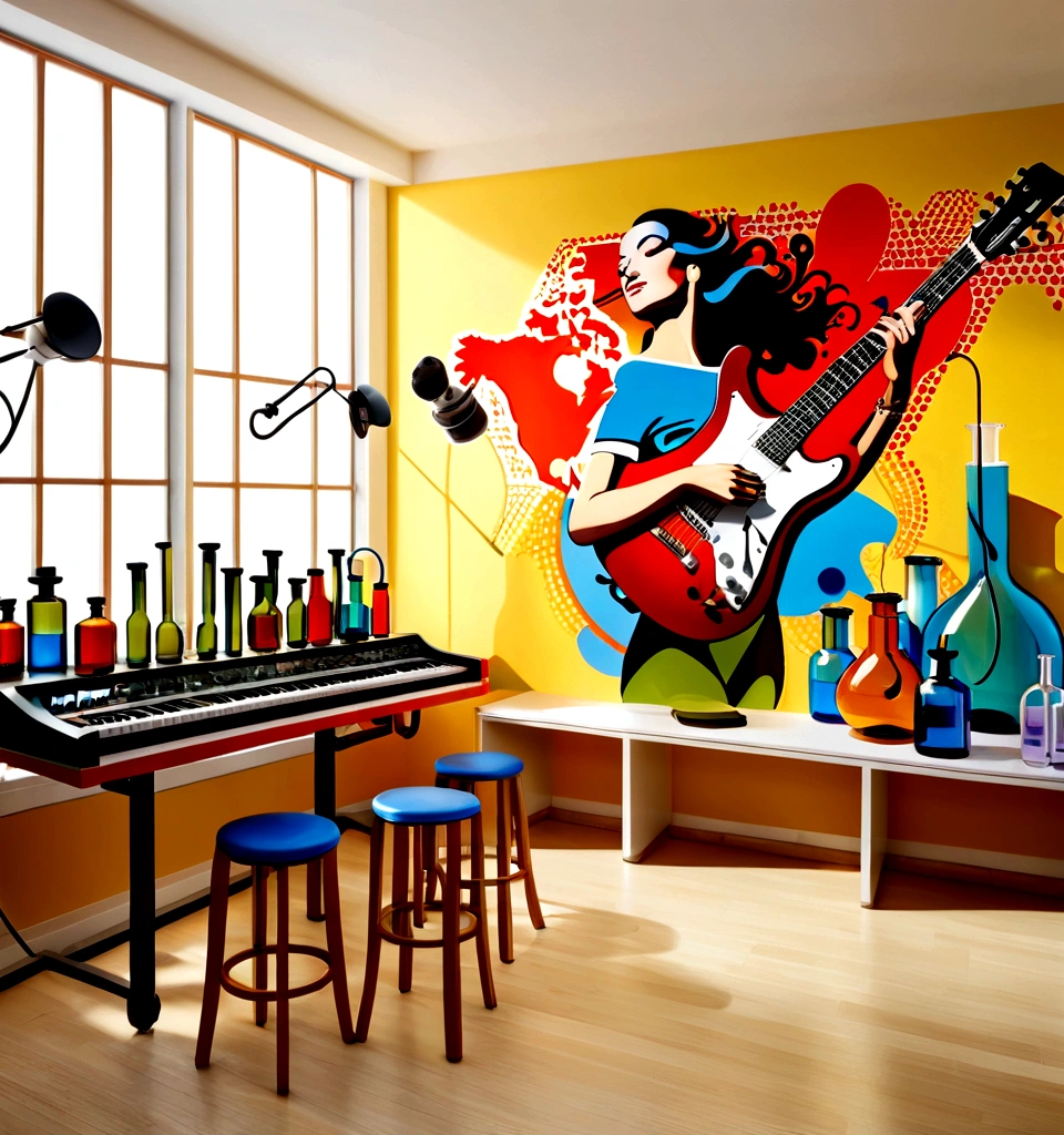 Masterpiece; Guitars and drums in a small science lab(((several science bottles around the room))); (guitars and musical keyboards inside science bottles) World map on the wall. sciencie complete with speakers and glass flasks of chemistry, embody the resilience and tenacity of the scientific community, infused with a bold graphic allure that enlivens the spirit of science. The design penetrates layers of depth, integrating the raw essence and vibrant cores of Rio de Janeiro culture.portrait of a beautiful woman on the wall. Brushstrokes that incorporate the fluid energy of graffiti on guitars and acoustic guitars weave around dynamic geometric shapes, adorning the laboratories with an evocative masterpiece that speaks to the heart of the intersection between two diverse worlds. Majestically rendered in high definition and vibrant color, every detail bursts with life, inviting viewers to marvel at the beauty that; by Salvador Dali