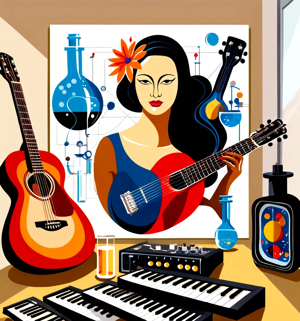 Masterpiece; Guitars and drums in a small science lab(((several science bottles around the room))); (guitars and musical keyboards inside science bottles) World map on the wall. sciencie complete with speakers and glass flasks of chemistry, embody the resilience and tenacity of the scientific community, infused with a bold graphic allure that enlivens the spirit of science. The design penetrates layers of depth, integrating the raw essence and vibrant cores of Rio de Janeiro culture.portrait of a beautiful woman on the wall. Brushstrokes that incorporate the fluid energy of graffiti on guitars and acoustic guitars weave around dynamic geometric shapes, adorning the laboratories with an evocative masterpiece that speaks to the heart of the intersection between two diverse worlds. Majestically rendered in high definition and vibrant color, every detail bursts with life, inviting viewers to marvel at the beauty that; by Salvador Dali