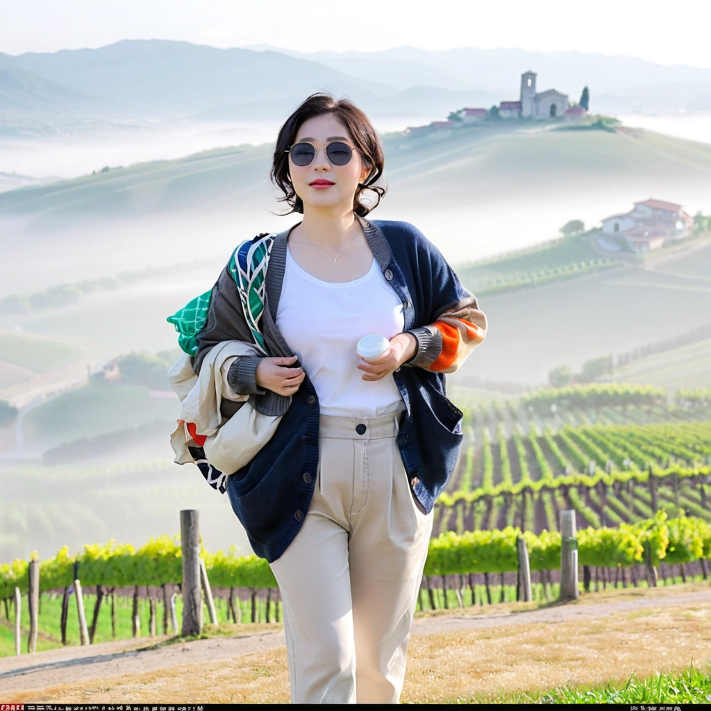 k Best picture quality, Beautiful 36-year-old Korean woman, You have good skin and big and pretty eyes.. Chest size 34 inches, italian countryside, past the vineyard, The cathedral can be seen in the distance in thick fog.., The back background is realistic and vivid quality., Short and medium hair blowing in the wind, A short cardigan was neatly worn over a knit that went up to the neck.. beige casual pants, laugh. the background is clear, Short and slim Korean woman, stand far away, Photo taken with a wide-angle lens, One woman with big and pretty eyes, eyes are round and big, Standing on a hill overlooking vineyards, As the morning sun rises, the red light is soft..