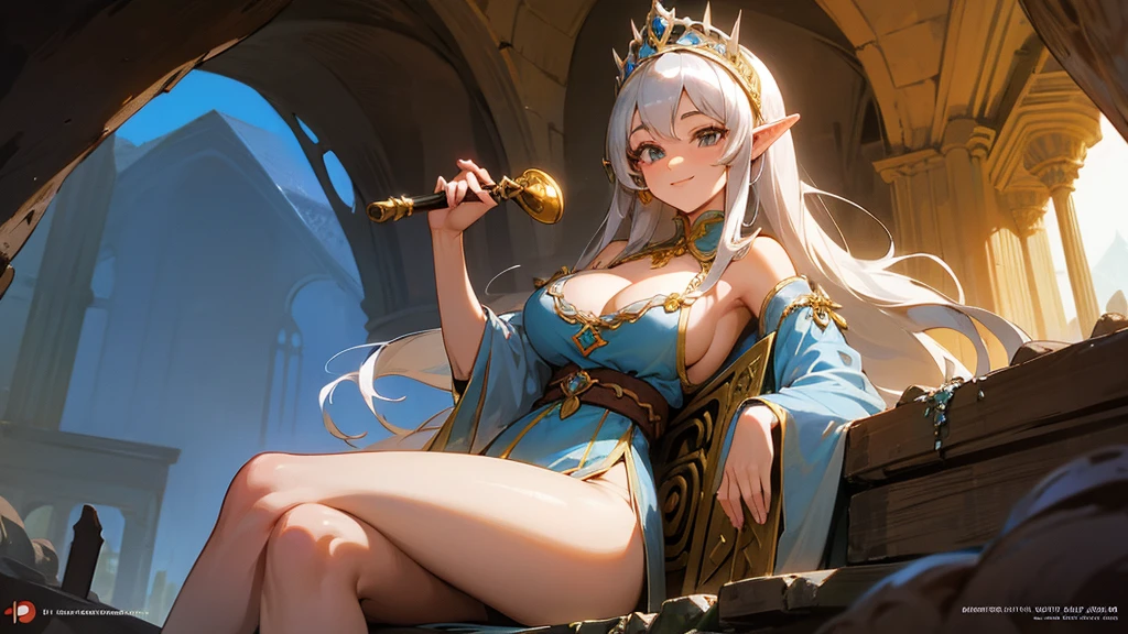 Anime Style,Nostalgic,Detailed background,The medieval world,A palace-like cave,A beautiful silver-haired smiling bard elf,Large Breasts,Healthy thighs,Underarm,M-shaped legs