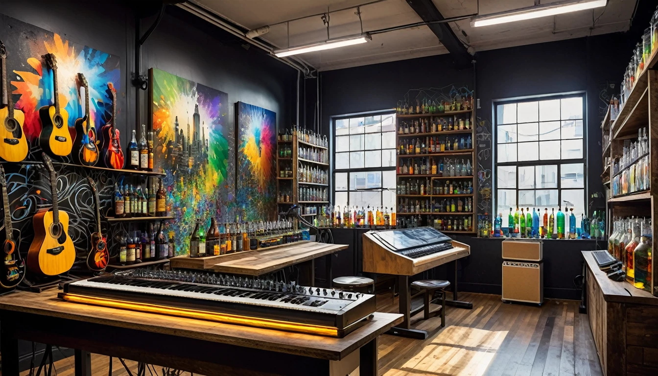 Masterpiece; Guitars and drums in a small science lab(((several science bottles around the room))); (guitars and musical keyboards inside science bottles) World map on the wall. sciencie complete with speakers and glass flasks of chemistry, embody the resilience and tenacity of the scientific community, infused with a bold graphic allure that enlivens the spirit of science. The design penetrates layers of depth, integrating the raw essence and vibrant cores of Rio de Janeiro culture. Brushstrokes that incorporate the fluid energy of graffiti on guitars and acoustic guitars weave around dynamic geometric shapes, adorning the laboratories with an evocative masterpiece that speaks to the heart of the intersection between two diverse worlds. Majestically rendered in high definition and vibrant color, every detail bursts with life, inviting viewers to marvel at the beauty that; by Rembrandt
