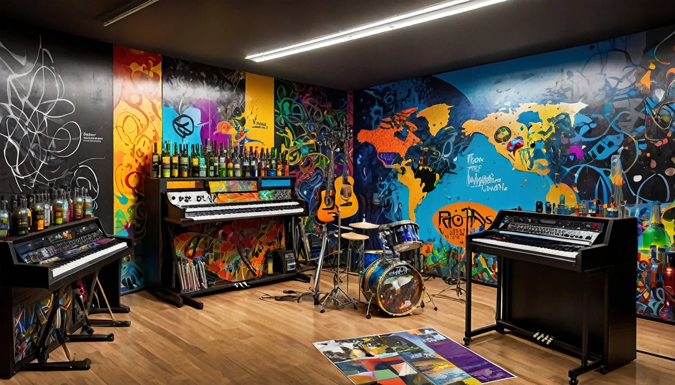 Masterpiece; Guitars and drums in a small science lab(((several science bottles around the room))); (guitars and musical keyboards inside science bottles) World map on the wall. sciencie complete with speakers and glass flasks of chemistry, embody the resilience and tenacity of the scientific community, infused with a bold graphic allure that enlivens the spirit of science. The design penetrates layers of depth, integrating the raw essence and vibrant cores of Rio de Janeiro culture. Brushstrokes that incorporate the fluid energy of graffiti on guitars and acoustic guitars weave around dynamic geometric shapes, adorning the laboratories with an evocative masterpiece that speaks to the heart of the intersection between two diverse worlds. Majestically rendered in high definition and vibrant color, every detail bursts with life, inviting viewers to marvel at the beauty that; by Rembrandt