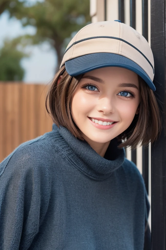 Short hair, black athletic cap, brown hair, big , black over shoulder sweater, blue eyes, smiling
