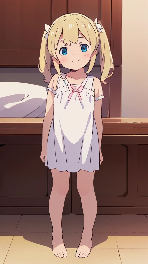 ((masterpiece))((Highest quality))girl、smile、blush、Flat Chest、Are thin、、low length、Blonde、Long twin tails、Embarrassed、Are standing、Fairytale Clothes、Whole body image、Even your toes are visible、Eye level on face、front、No background、mayonnaise、真frontのアングル