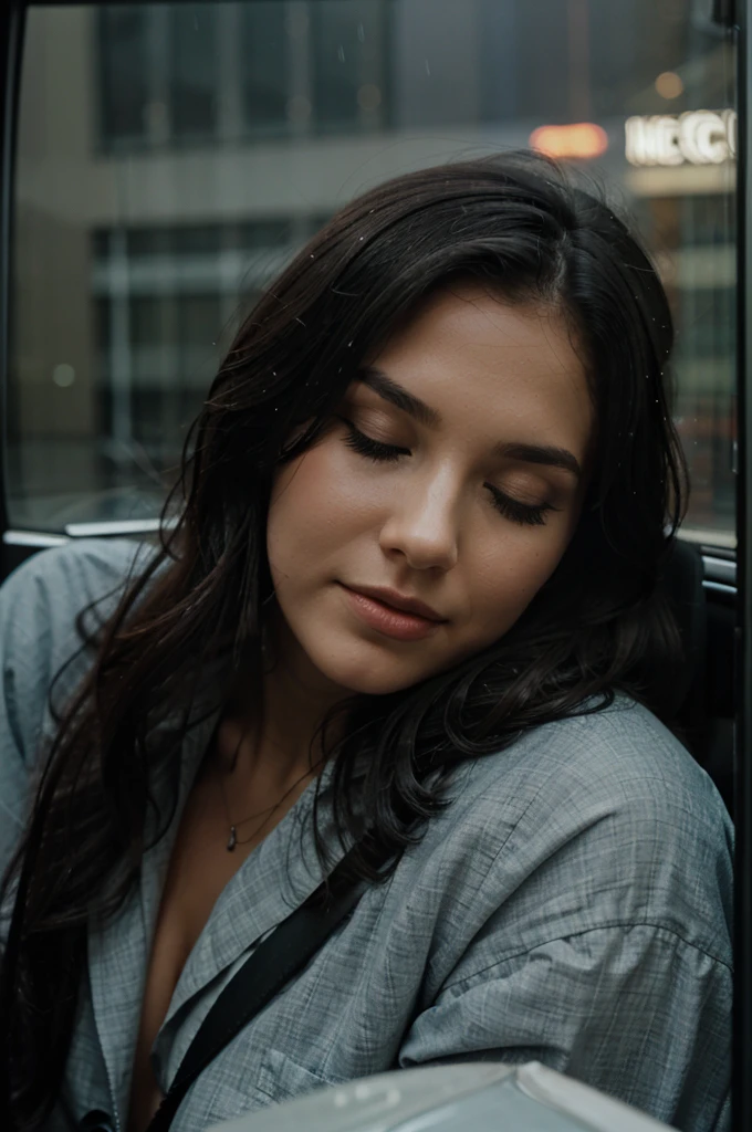 Beautiful woman sleeping in a car window big in rainy weather at night
