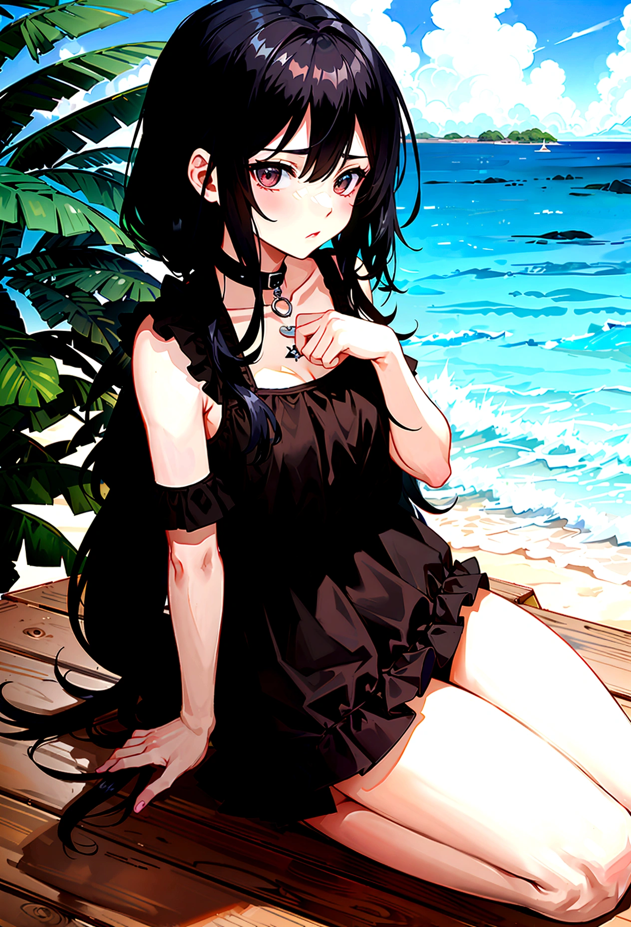 Girl in black swimsuit，at the seaside，Sitting，Bikini，Large Breasts，Black long hair girl，National Trend，Beach，Coconut Tree，whole body，Vision