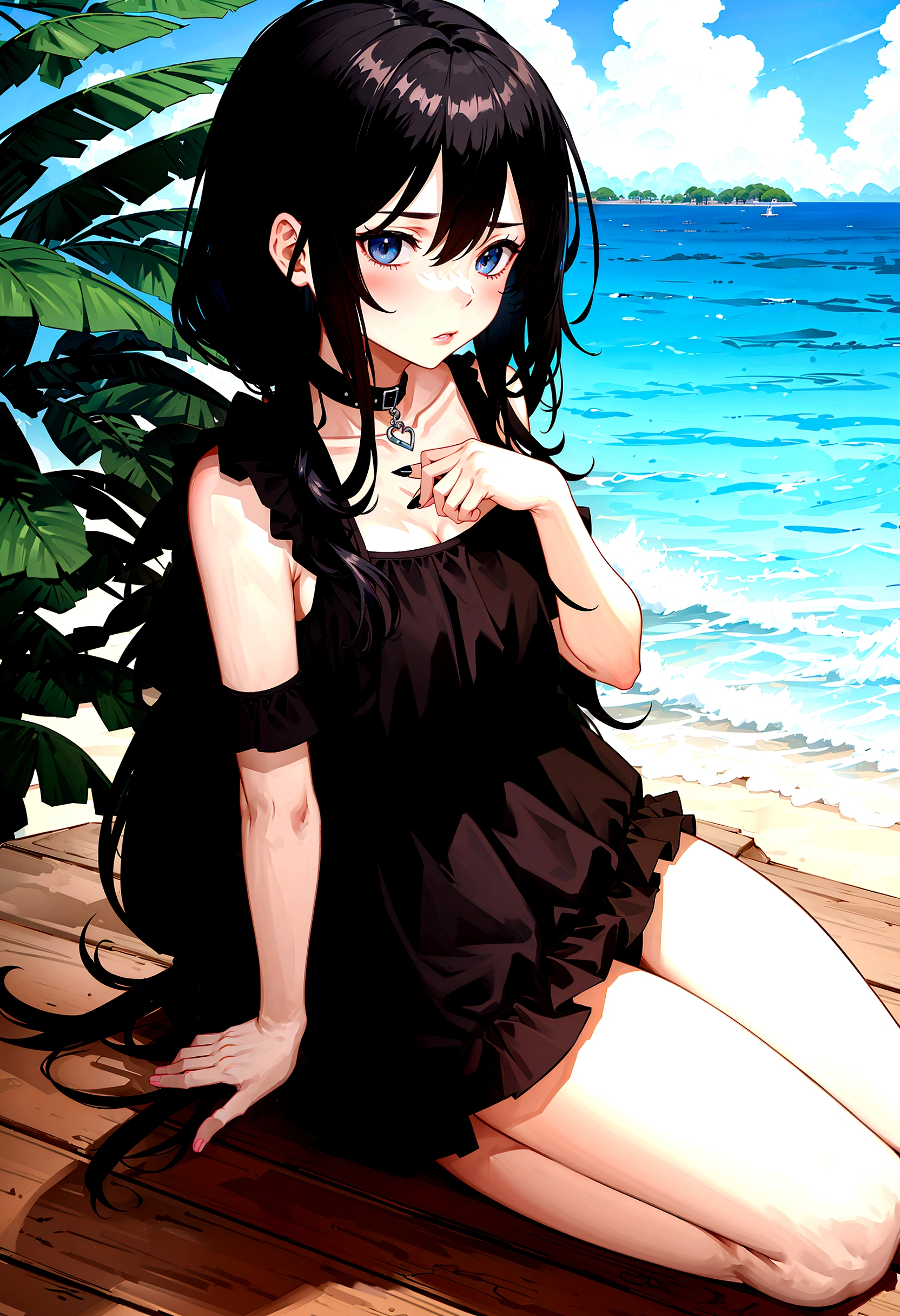 Girl in black swimsuit,at the seaside,Sitting on a swimming ring,Black long hair girl,National Trend,Beach,Coconut Tree,whole body,Vision