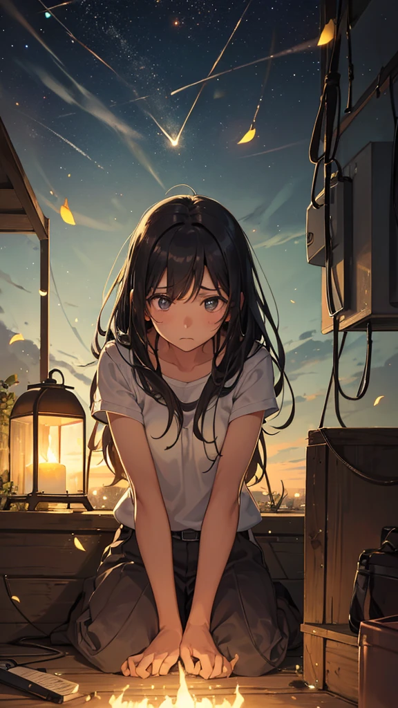 A girl suffering in a fire prison with fireflies flying around her, in boredom she is really sad and she’s trying to get out