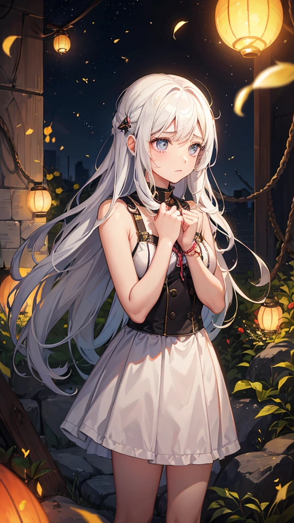 A girl suffering in a fire prison with fireflies flying around her, in boredom she is really sad and she’s trying to get out