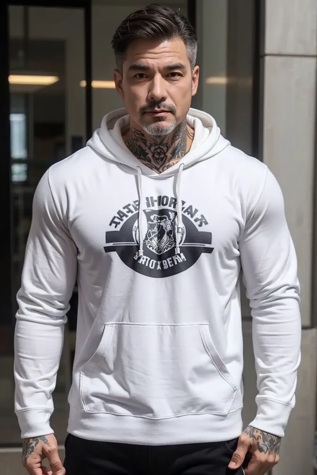 Help me create some white hoodies without heavy prints for men over 45 with muscle tattoos and cool style.