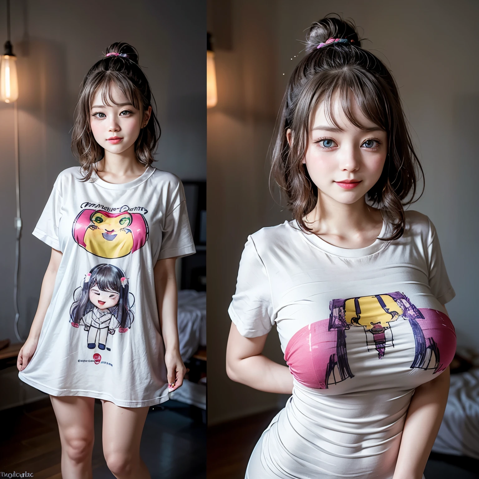 White and Bright Red, (Masterpiece 8K TopQuality:1.2) (ProfessionalPhoto:1.37) ExtremelyDetailed (((FullBody, KAWAII girl with HUGE boobs:1.37)) in (WHITE cotton T-shirt dress:1.28) with (LifeSize her Rialistic portrait printed on it:1.37)) detailed (Delicate cotton textures) ((Studio Dark GRAY Background) with (Oodles Dazzling Neon Color Particles:1.32))  BREAK  (((NOGIZAKA FaceVariations))), Extremely Detailed (very KAWAII Face), Childish CaptivatingGaze Stunning ParfectEyes ElaboratePupils with (SparklingHighlights:1.28), DoubleEyelids with (Detailed Voluminous LongEyelashes:0.88), Small GlossyRedLips with BeautifulDetails, CoquettishTongue, PUNIPUNI RosyCheeks, Radiant PearlSkin with Transparency, Glowing DowneyHair . { (Dynamic Joyful expressions LifeLike Rendering:1.4) | (:d) }, (large eyes:-1) . 