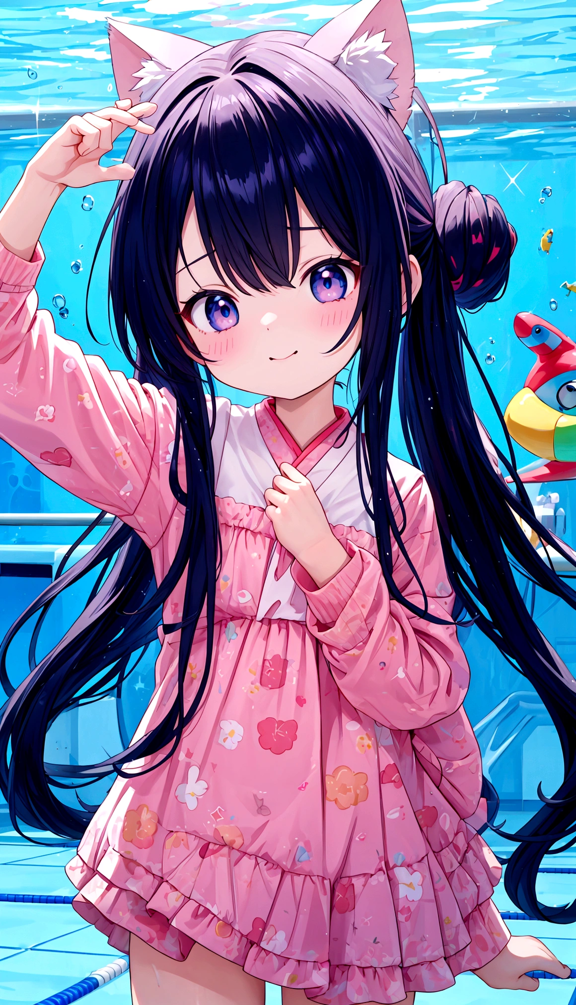 Funny, comical, , 5 years old, todler, swiming pool background, (Playful), toys, illustration, A high resolution, Vibrant colors, Soft lighting, Random actions，Wear randomly，Random angles,（Exquisitehands:1.5)（Perfect body proportion:1.5）（More refined anime eyes:1.5）long hair，random hair style