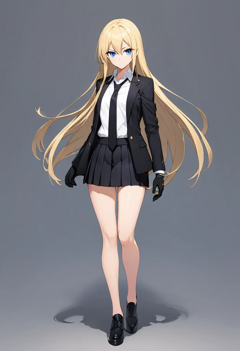 Black miniskirt , black shoes , white dress shirt , face , assassin , black shorts blazer , black long tie , whole body , bare legs , thighs , whole body , pleated skirt , Black gloves , standing posture , blonde hair , blue eyes , straight hair